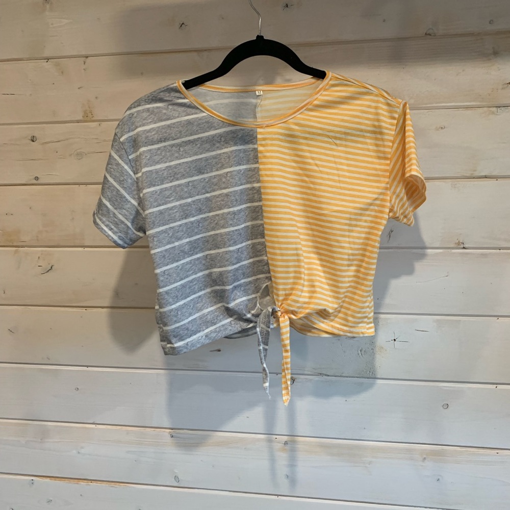 Grey & Yellow Striped Cropped Tee